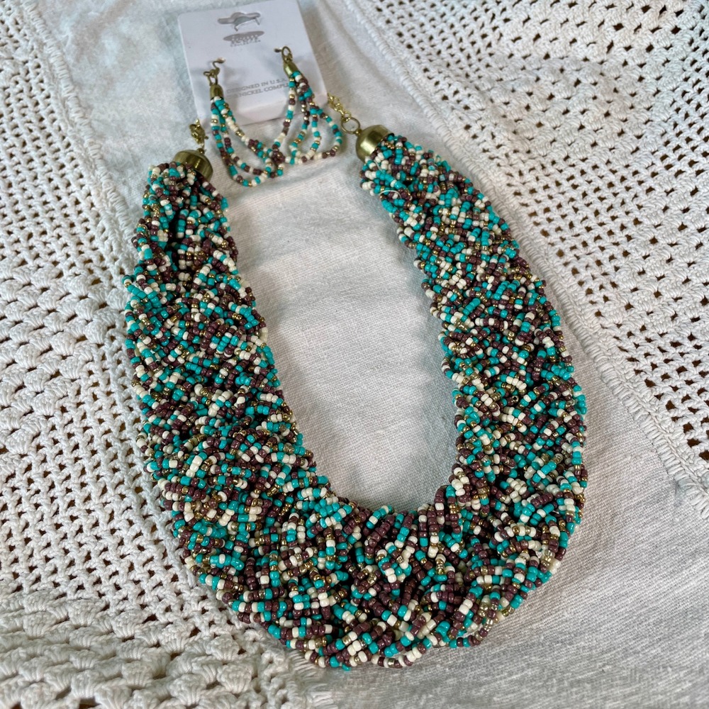Icon Collection‎ Beaded Necklace and Earring Set Turquoise Burgundy Boho Chunky